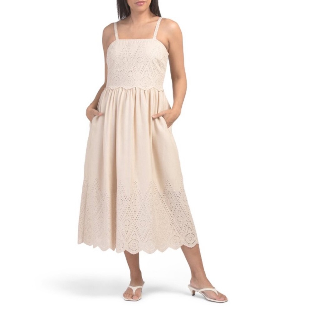 Elie Tahari Sand Linen Embroidered Eyelet Lace Bodice Dress 2 Pockets XS/2 NWT
